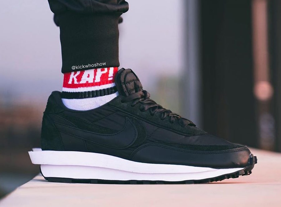 nike sacai waffle black nylon on feet