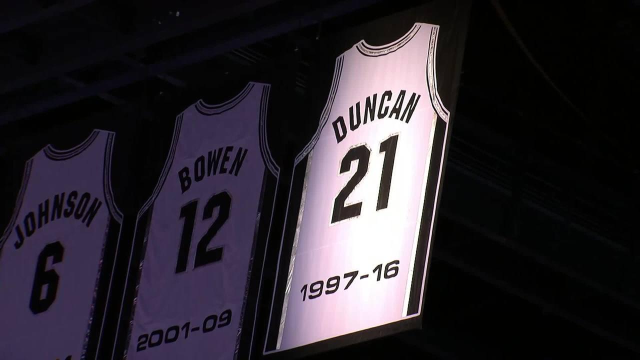 Tim Duncan's jersey hanging in the rafters